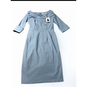 MUXXN Women's Blue Sweetheart Neckline Retro Midi Fitted Dress Wedding/Career M‎